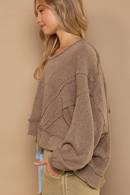Round Neck Balloon Sleeve Hooded Knit Top