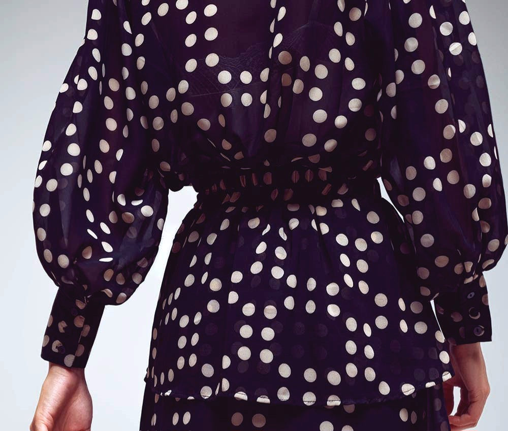 Semi Sheer Polka Dot Shirt With Voluminous Sleeves in Black