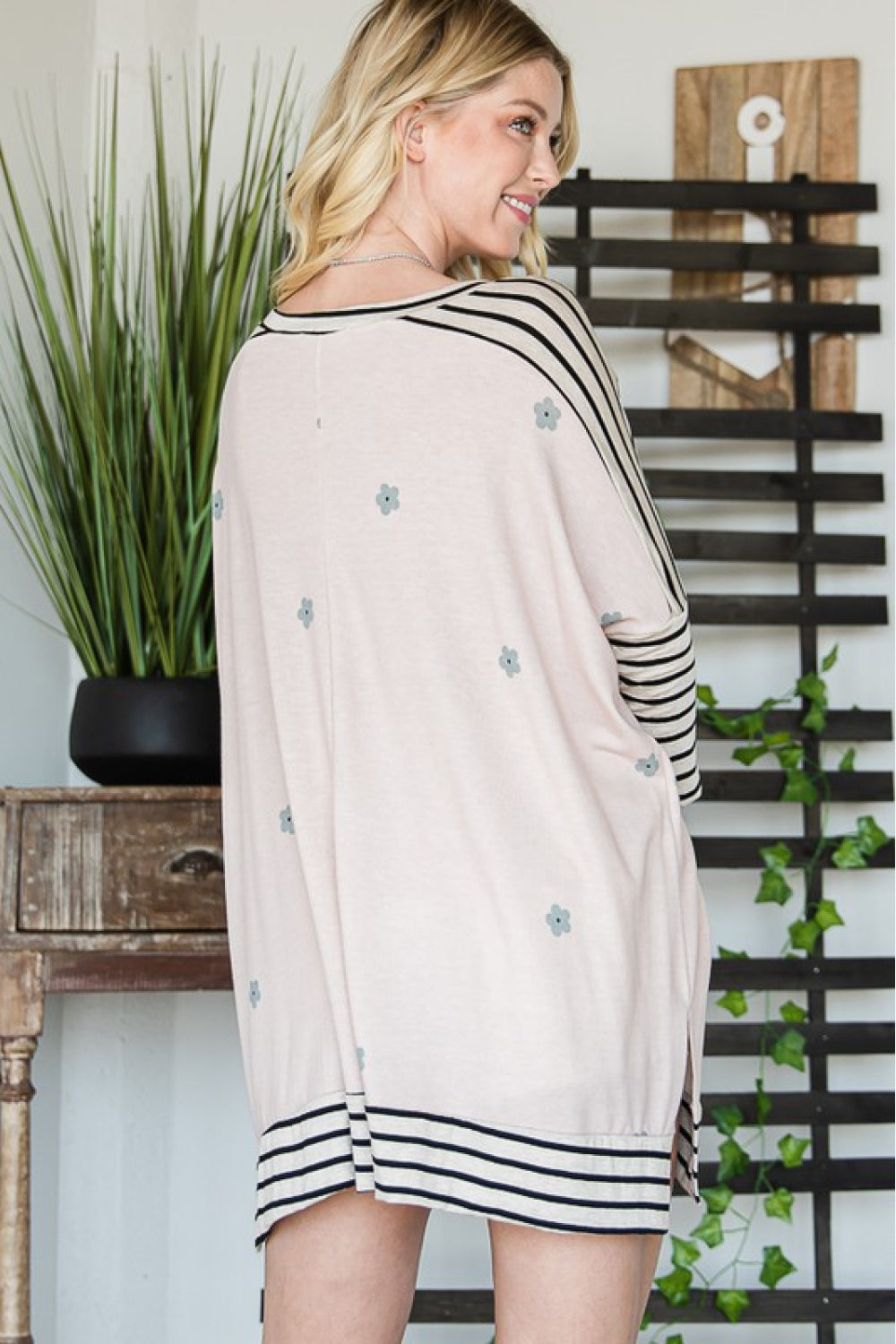 Striped V-Neck Slit Tunic Top