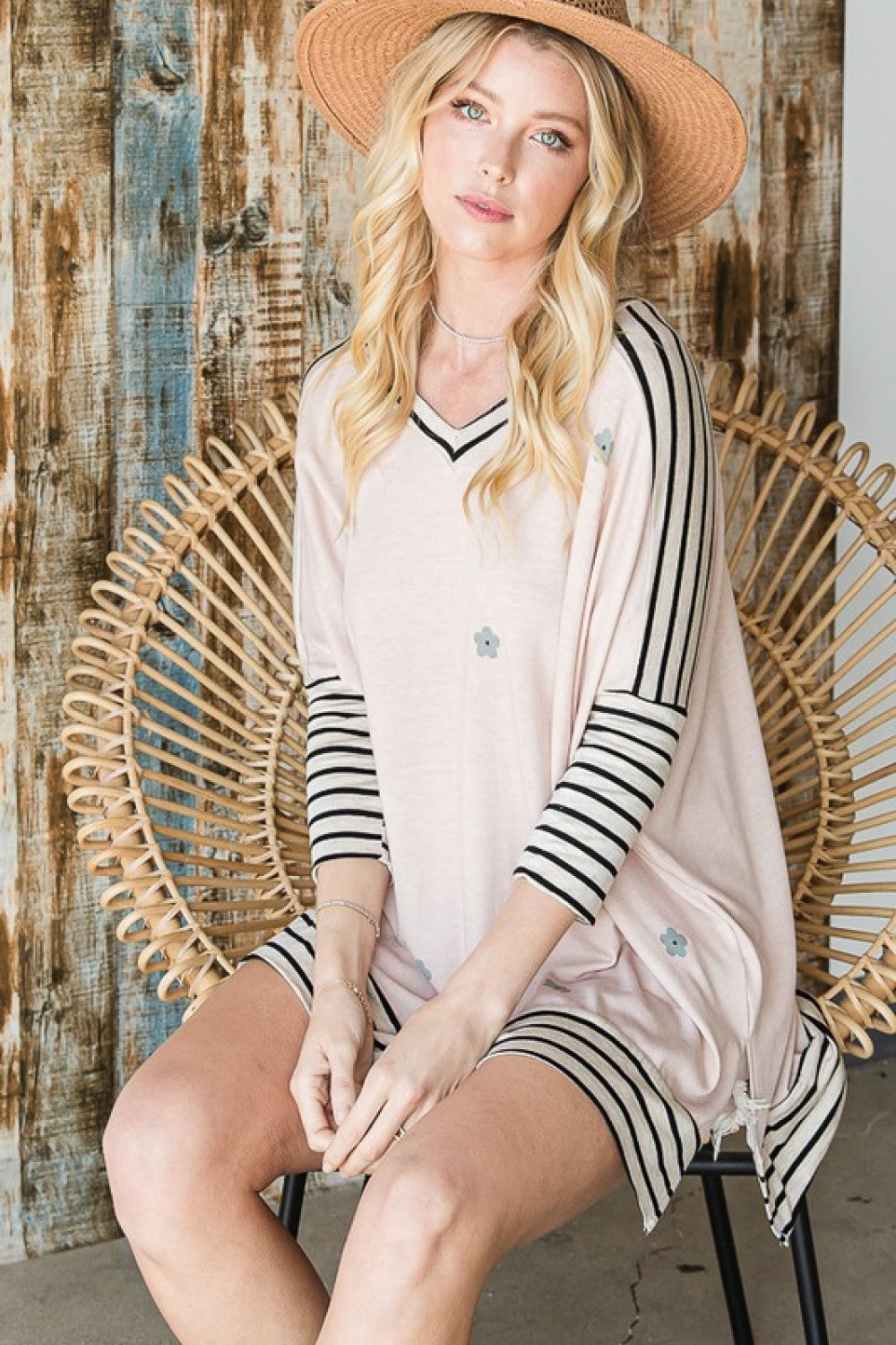 Striped V-Neck Slit Tunic Top