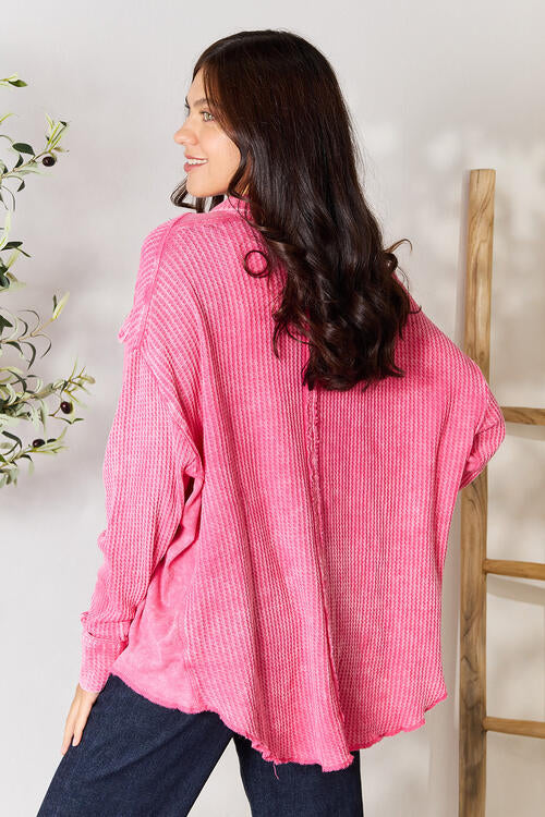 Waffle-Knit Button Up Collared Neck Shirt