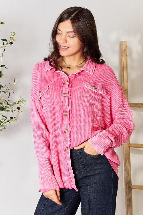 Waffle-Knit Button Up Collared Neck Shirt