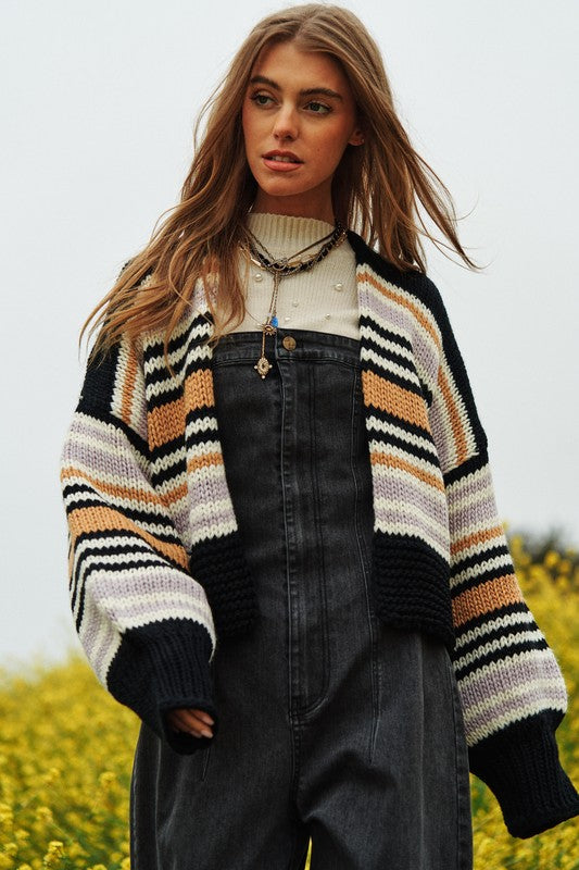 Chunky Knit Multi-Striped Cardigan