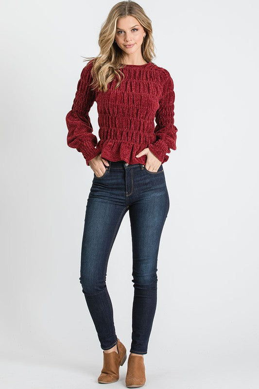 Shirred Chenille Top with Puff Sleeves