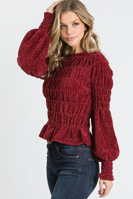 Shirred Chenille Top with Puff Sleeves