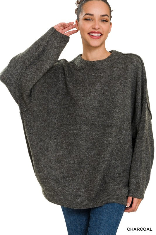 Oversized Round Neck Raw Seam Melange Sweater