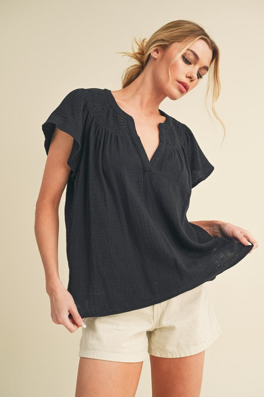 Tia Embroidered Short Sleeve Top