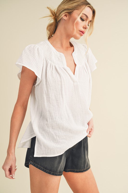 Tia Embroidered Short Sleeve Top