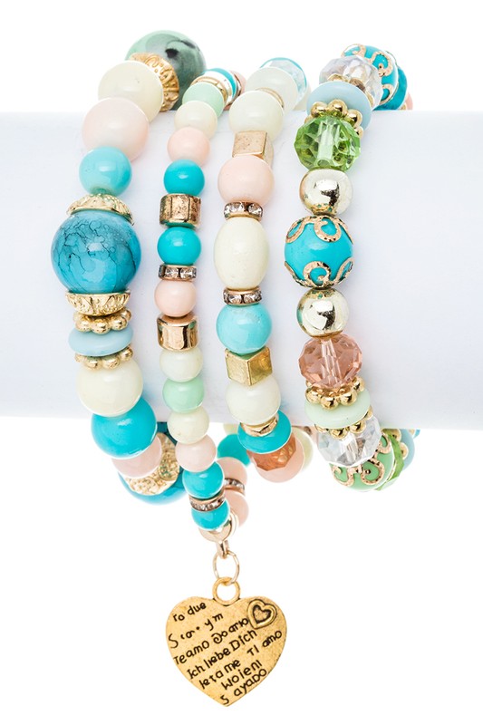 Heart Charm Mix Beads Stretch Bracelet Set