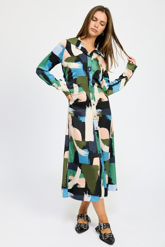 LONG SLEEVE RUCHED SHIRT DRESS