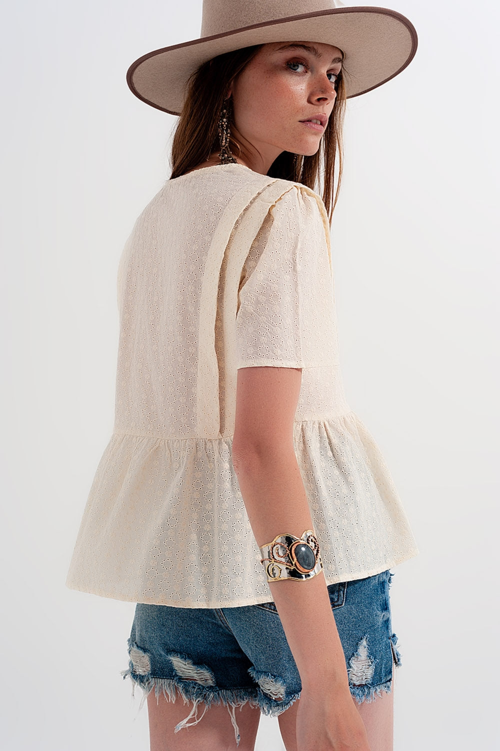 Peplum Broderie Top in Beige