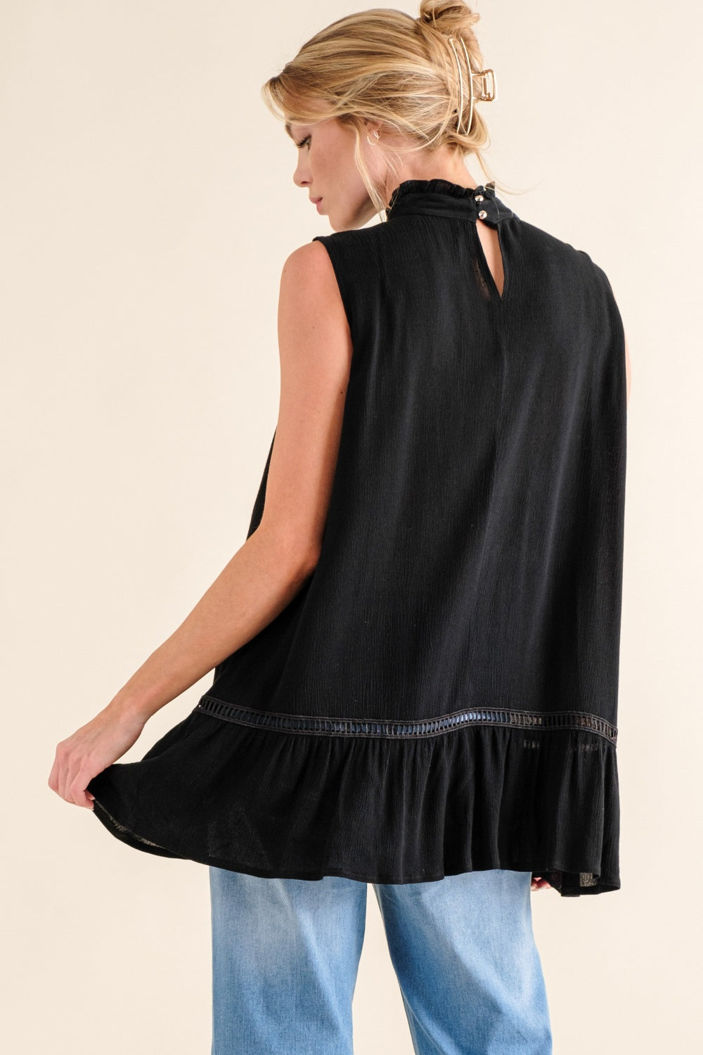 And The Why Lace Detail Sleeveless Ruffled Top