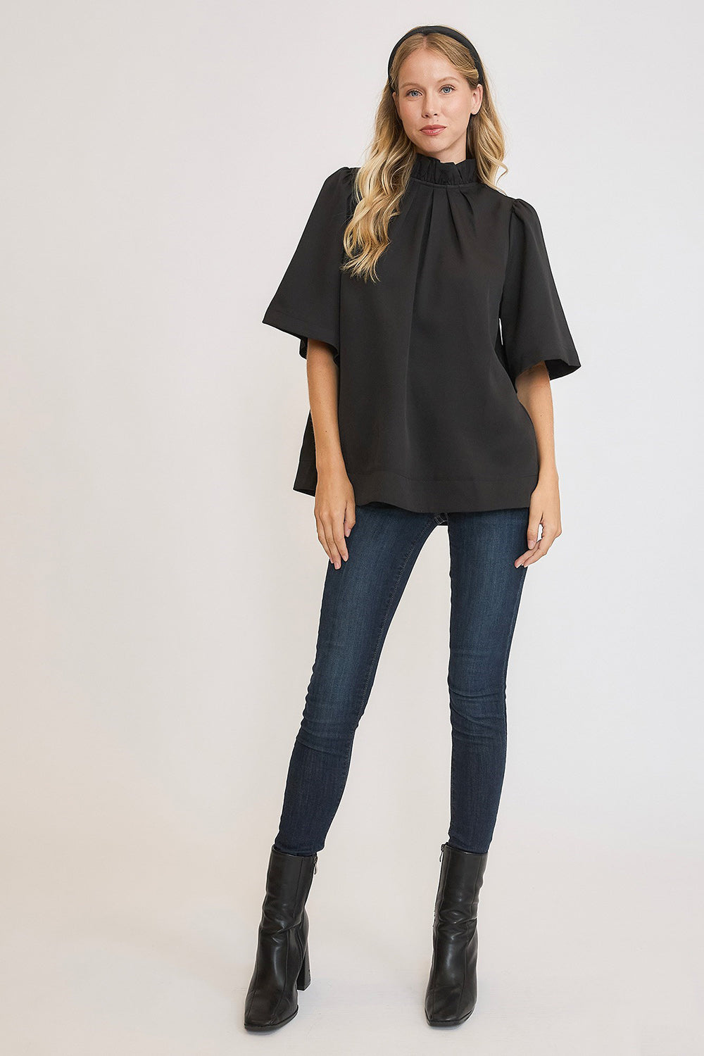 Bow Tie Back Mock Neck Blouse