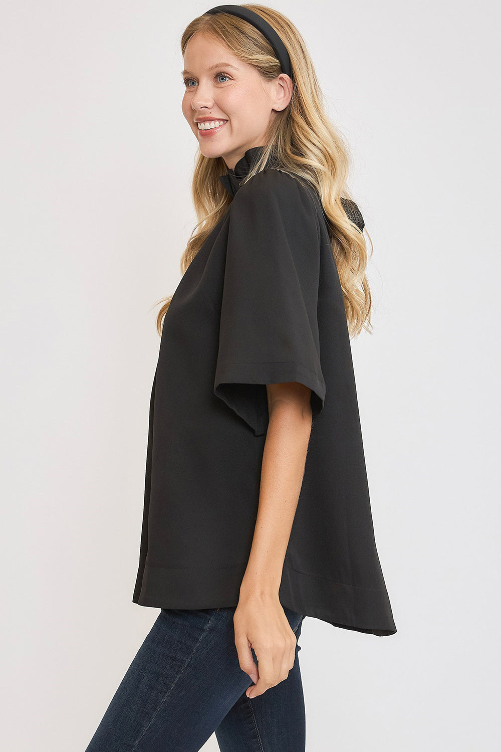 Bow Tie Back Mock Neck Blouse