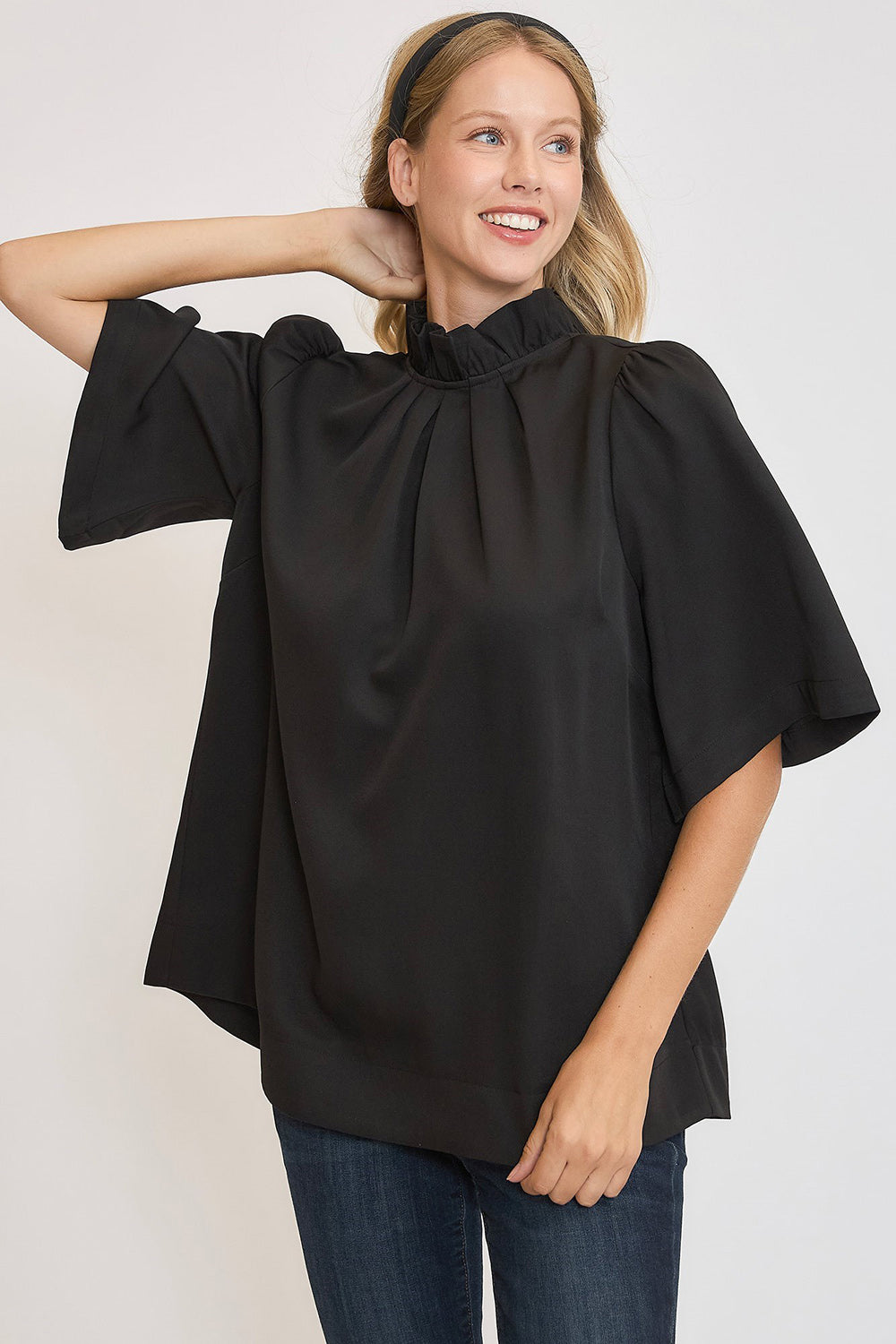 Bow Tie Back Mock Neck Blouse