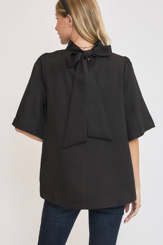 Bow Tie Back Mock Neck Blouse