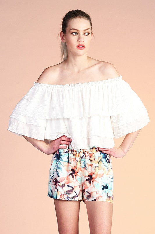 Crinkle Fabric Tiered Off Shoulder Top