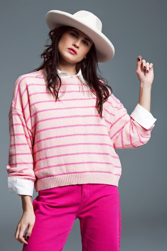 Sweater With Drop Shoulders With Fuchsia Stripes