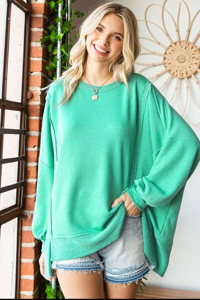 First Love Exposed Seam Round Neck Dropped Shoulder Top