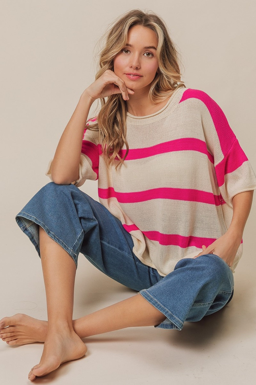 Contrast Striped Round Neck Knit Top